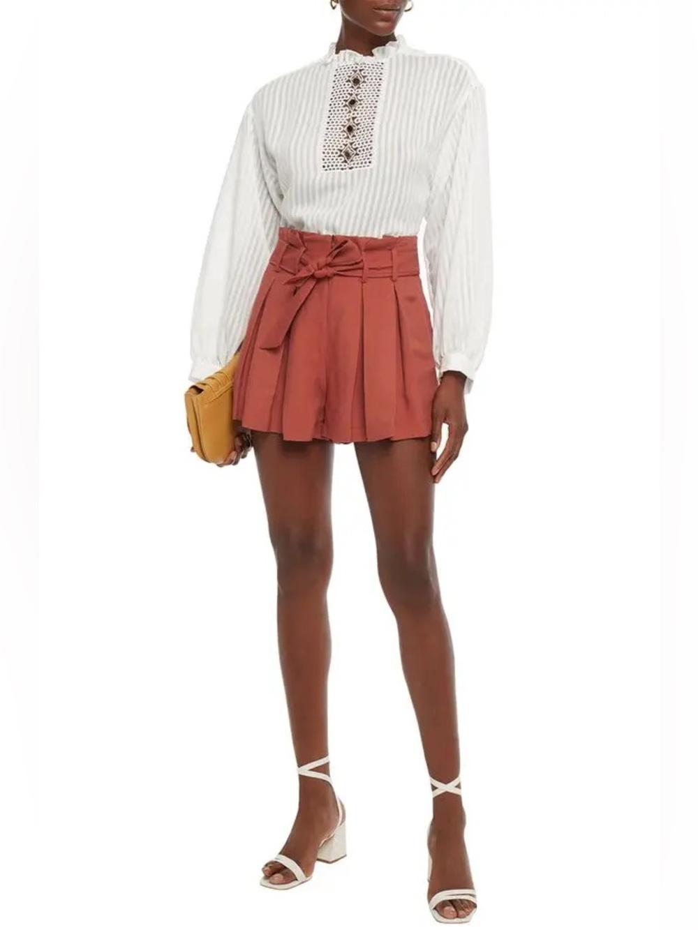 SANDRO Eddie Rust Belted Pleated Slub Twill Linen Blend Shorts Size 38/6